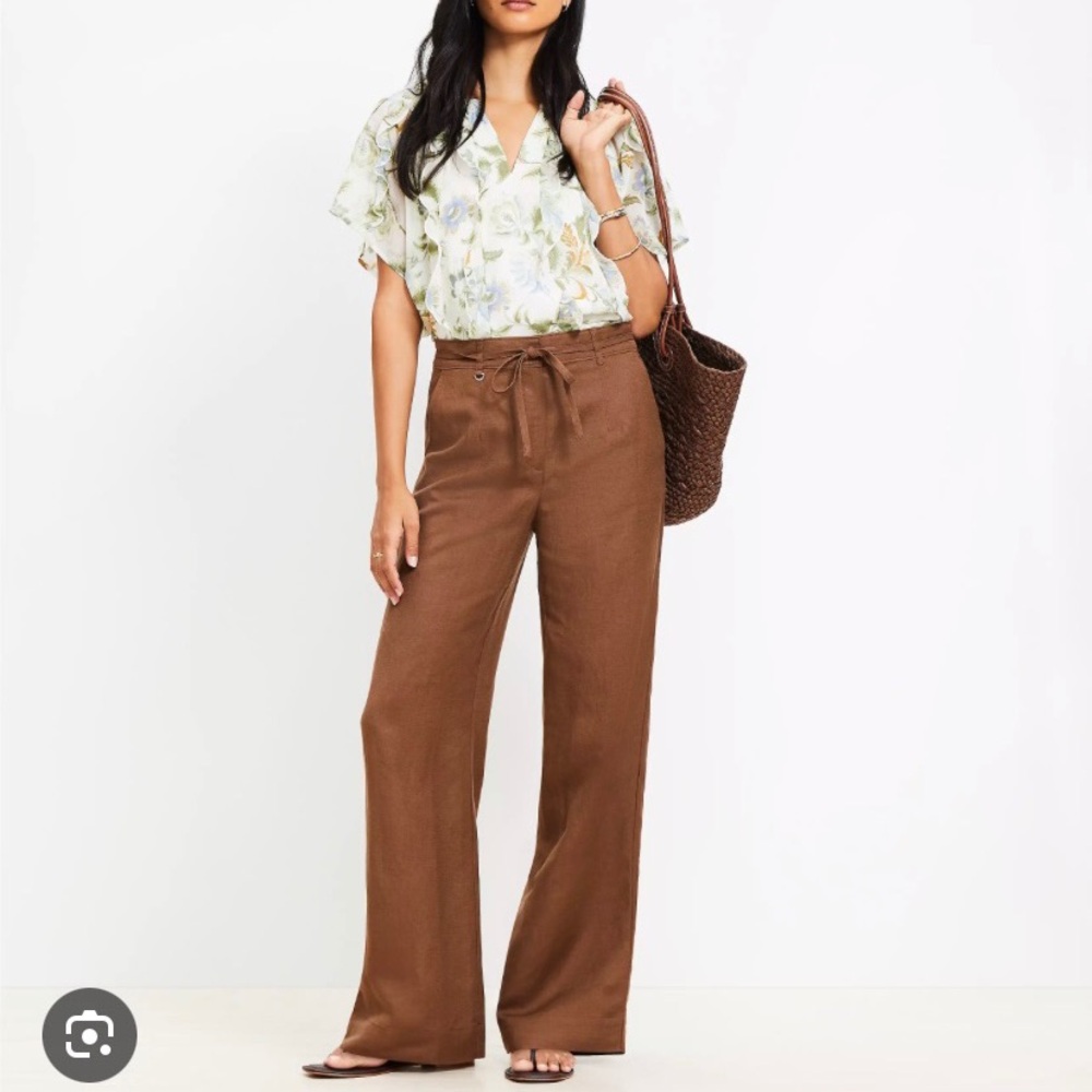 LOFT Brown Wide-Leg Linen Blend Pants